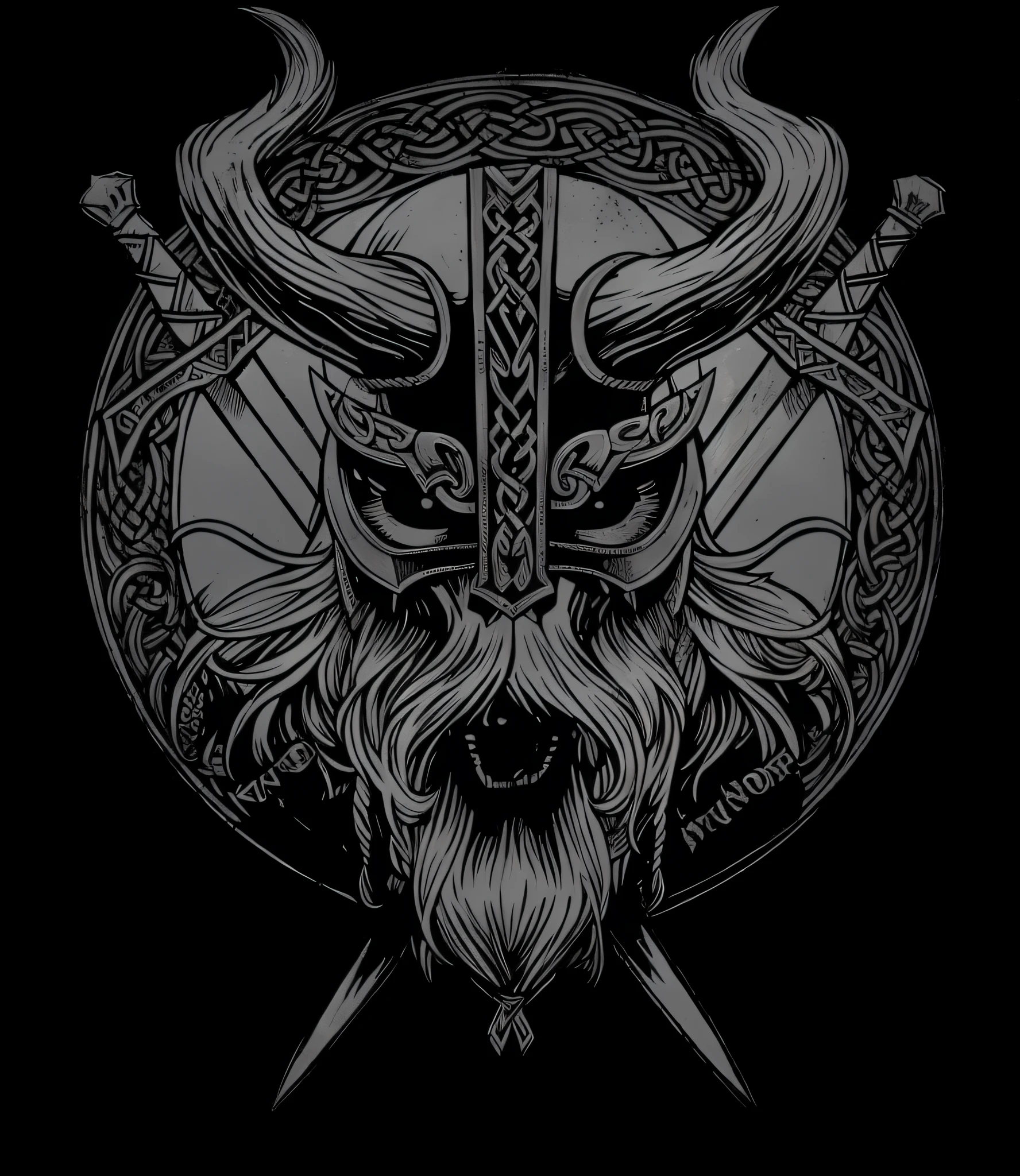 Um desenho preto e branco de um capacete viking com duas espadas, viking warrior illustration, Viking Bom, Norse God, norse inspired, norse warrior, innblásin af Þórarinn B. Thorlaksson, estilo viking, deus com chifres, Viking Berserker, arte escura altamente detalhada, Norse, guerreiro viking, viking and templar aesthetics