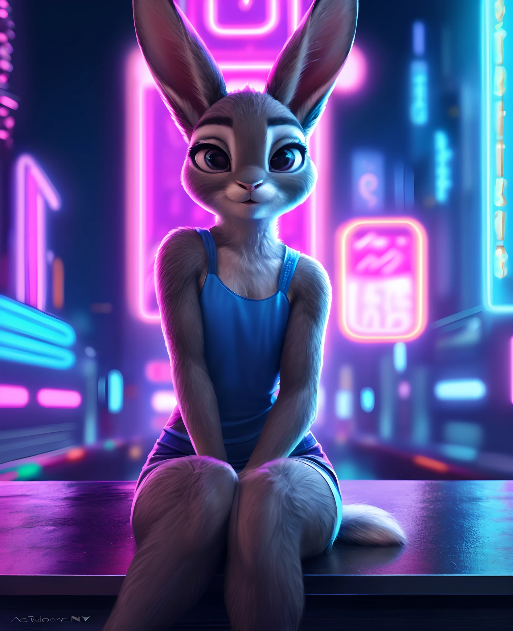 anthro, judy, solo, female, adult,  (Detailed face), (solo:1.1), ((anthro, humanoid)), [(thin:1.1) : small petite : (Judy rabbit:1.2):4], (Detailed face), (anthropomorphic legs, anthropomorphic hands:1.1), (solo), (bedroom eyes, realistic fur, detailed background, neon city background, realistic, photorealistic, ultra realistic, 8k,