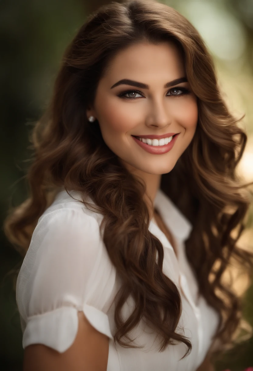 A beautiful MC stands in front of the camera, her smile lighting up the room. She is about 5'6", with long, flowing brown hair. Her large, brown eyes are expressive and intelligent. She is wearing a stylish dress that accentuates her curves.