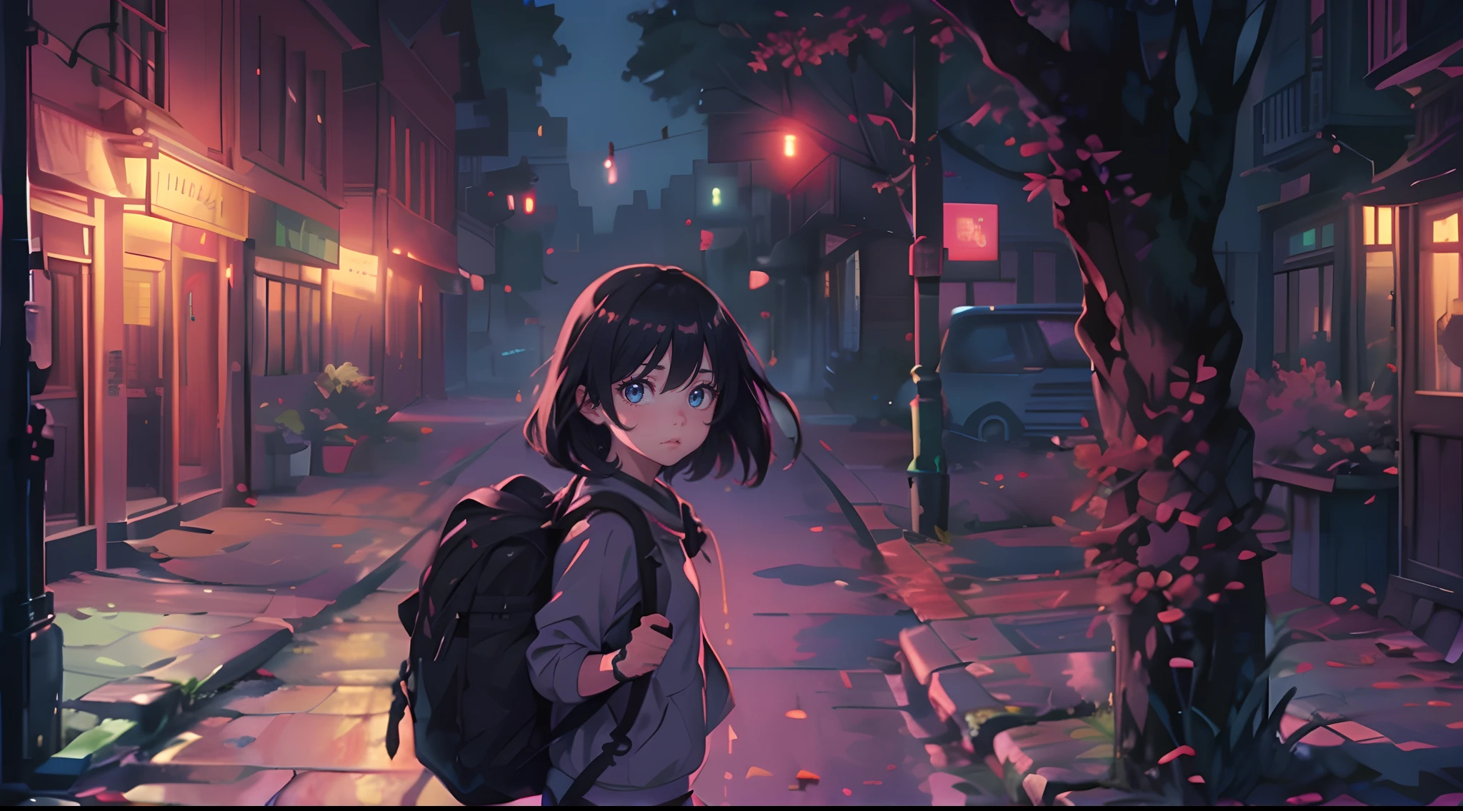 A with a backpack walks down a deserted street, In the middle of the night with long shadows on it. Emily looks over her shoulder, Her eyes are wide from fear, As if she feels a presence behind her. at night. Dimly lit street with flashing street lights, And long shadows create a strange atmosphere. Deserted street, Long shadows. Street lights start to blink. Swinging tree branches. violence, Swish leaves in the wind, Create an annoying sound. at night. Emily's head turns sharply, Her gaze rushes from side to side...., Look for any danger sign.