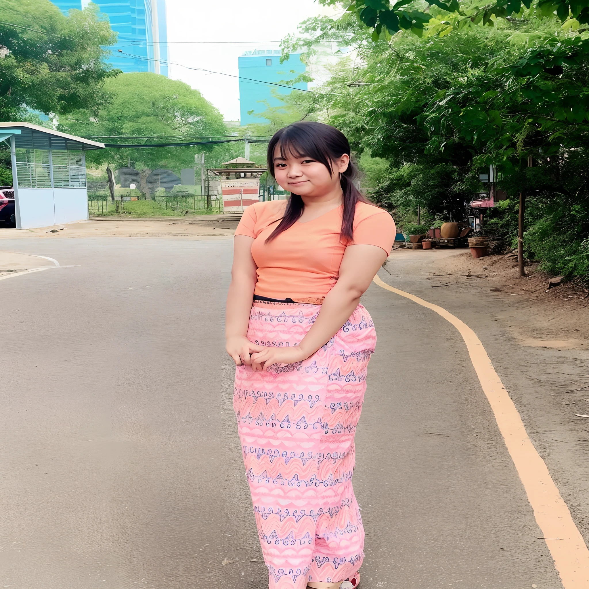 araffe woman in a pink skirt and orange top standing on a street, nivanh chanthara, anime thai girl, ruan cute vtuber, a young asian woman, young asian girl, asian girl, full body picture, thawan duchanee, very beautiful enga style, very beautiful girl, traditional beauty, south east asian with long