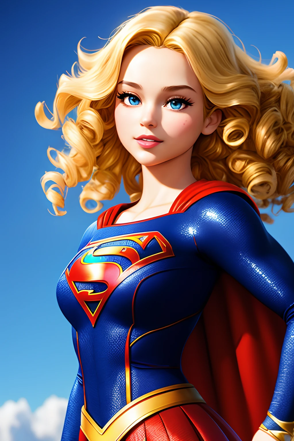 modern Disney style, beautiful blonde, supergirl, ((streaks of brunette)) with beautiful (curly hair), (full body portrait), highly detailed hands, daylight, (blurred background), WLOP, Rossdraws, ArtStation, CGSociety, concept art, cgsociety, octane render, trending on artstation, artstationHD, artstationHQ, unreal engine, 4k, 8k