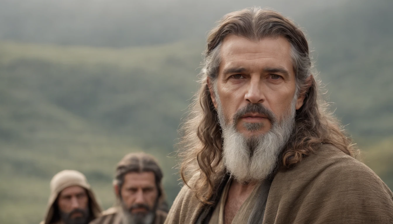 vale dos ossos secos, Man facing camera wearing biblical clothes, bonito, de barba, aparenta 50 anos de idade, rosto nitido e detalhado, bonito, homem bonito, homem de cabelos grisalhos escuro, background: climate of tension, inspired by Józef Brandt, ele tem barba e cabelos grisalhos, serious look, homem atraente, Retrato tirado 8 K, Homem de 5 0 anos, inspirado em George Lucas