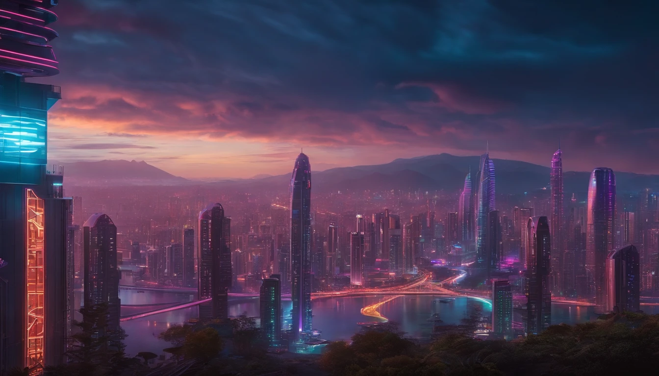 (obra prima) cidade no estilo cyberpunk, illuminated sky, neon light, imagem vista do zero, paisagem ampla, cidade futurista
