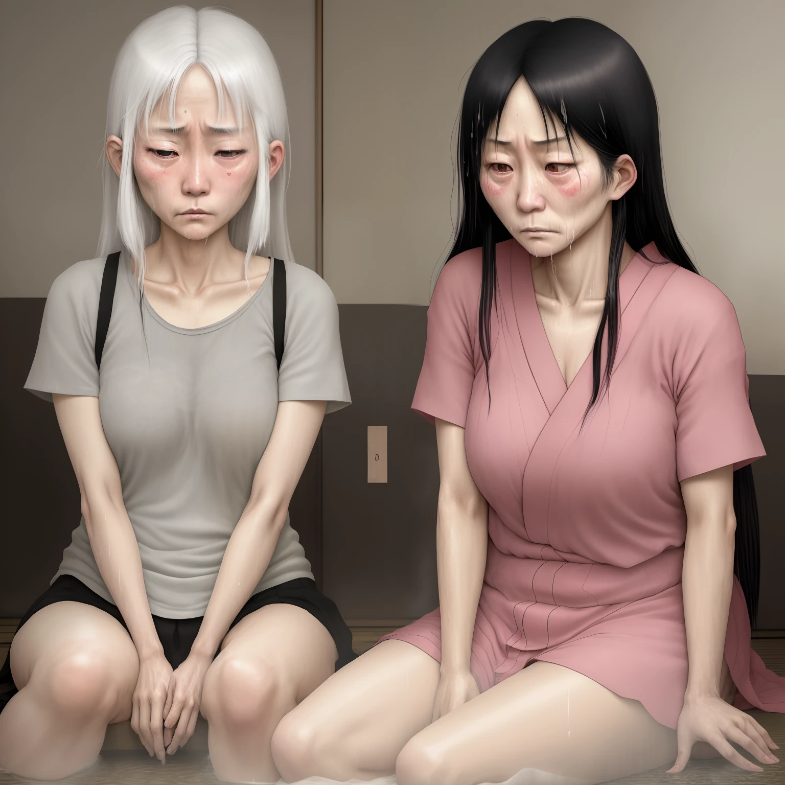 Japanese two gals, 35 years old, junkie, drunker, addict, B cup, long messy black hair, white hair, snub nose, be interwined, drenched in sweat, chill out, blush with shame, feud, bullish, soft touched,