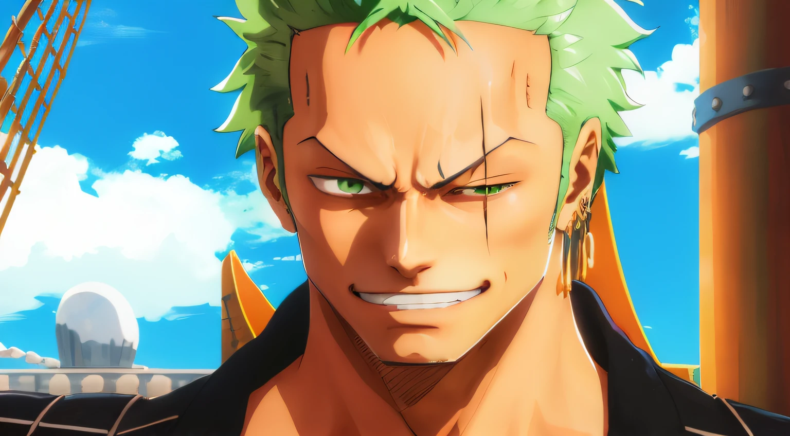 Anime character with green hair and green eyes standing in front of a ship, Roronoa Zoro, from one piece, badass anime 8 k, Arte Oficial, Arte da sede, one piece artstyle, sorriso roguish, fan art, 4k!, 8k!!, anime oficial ainda, 8k!, papel de parede!, pele de cor verde!!, one piece