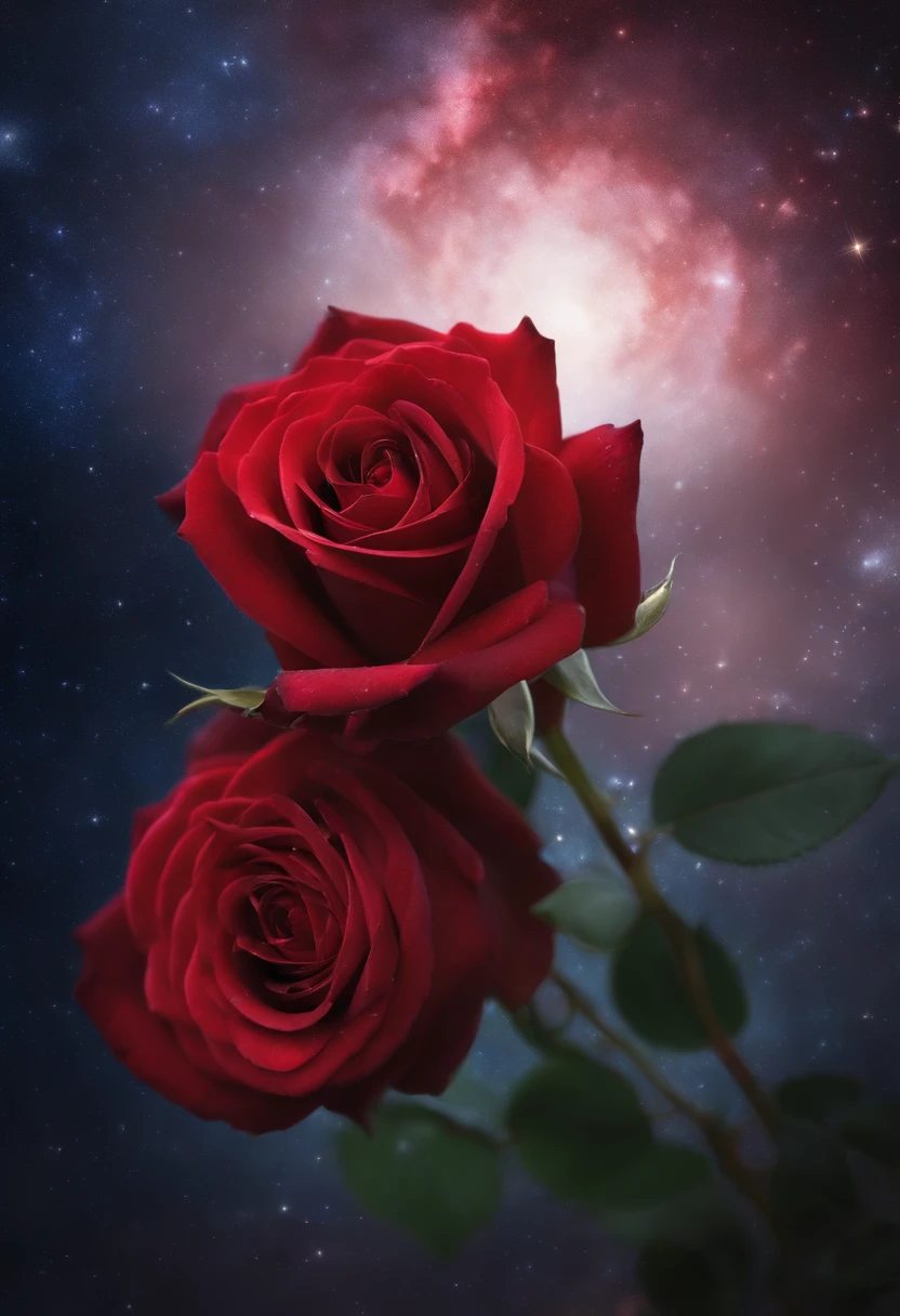 realistic, red rose, galaxy background, starlight