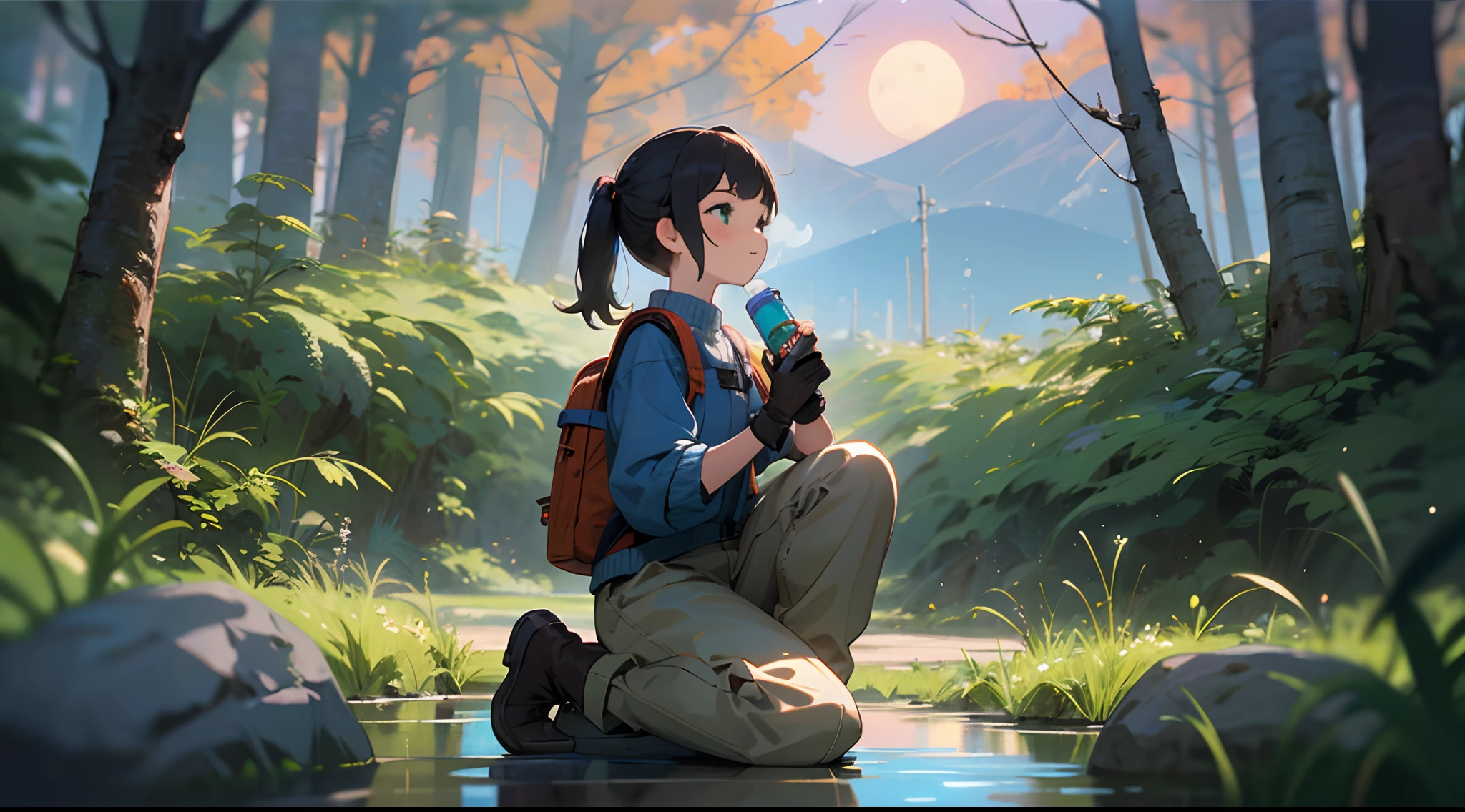 masterpiece, best quality, ultra-detailed, illustration, 1girl, short girl, young girl, beautiful, solo, looking away, outdoors, camping, night, mountains, nature, stars, moon, tent, twin ponytails, green eyes, cheerful, happy, backpack, sleeping bag, camping stove, water bottle, mountain boots, gloves, sweater, hat, flashlight, forest, rocks, river, wood, smoke, shadows, contrast, clear sky, constellations, Milky Way, peaceful, serene, quiet, tranquil, remote, secluded, adventurous, exploration, escape, independence, survival, resourcefulness, challenge, perseverance, stamina, endurance, observation, intuition, adaptability, creativity, imagination, artistry, inspiration, beauty, awe, wonder, gratitude, appreciation, relaxation, enjoyment, rejuvenation, mindfulness, awareness, connection, harmony, balance, texture, detail, realism, depth, perspective, composition, color, light, shadow, reflection, refraction, tone, contrast, foreground, middle ground, background, naturalistic, figurative, representational, impressionistic, expressionistic, abstract, innovative, experimental, unique, depth of field, bokeh