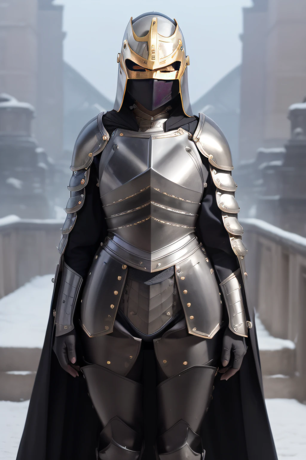 best qualtiy、masutepiece、超A high resolution、(Photorealistic:1.4)、infp young woman、(modeled:1.2)、small head、blonde hair、long legged、(Full Mask Decorative Night Helmet:1.7)、(Richly decorated black full-body armor:1.3)、Tight waist armor、(Falls Armor:1.9)、(Metal Crotch Protector:1.4)、Leg armor、(Black cloak:1.5)、(the perfect body:1.7)、Castle background、By Michelangelo