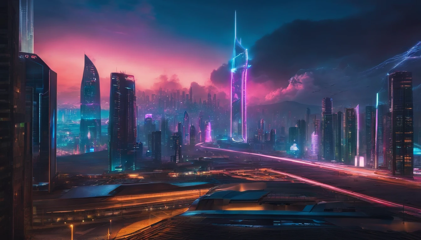(obra prima) cidade no estilo cyberpunk, illuminated sky, neon light, imagem vista do zero, paisagem ampla, cidade futurista