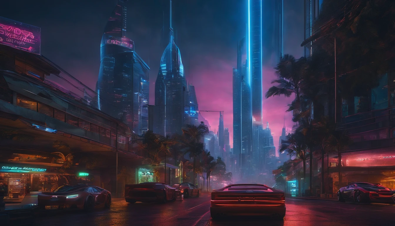 (obra prima) cidade no estilo cyberpunk, illuminated sky, neon light, imagem vista do zero, paisagem ampla, cidade futurista