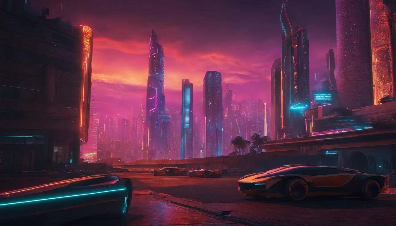 (obra prima) cidade no estilo cyberpunk, illuminated sky, neon light, imagem vista do zero, paisagem ampla, cidade futurista