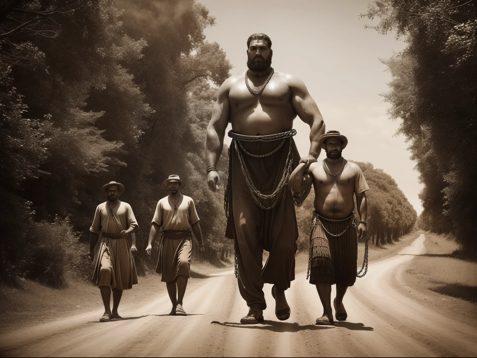 (Masterpiece) An ultrarealistic photography of a group of villagers walking down an old road holding a ((giant man in chains)), nomad, vintage sepia photography, very old and torned photo