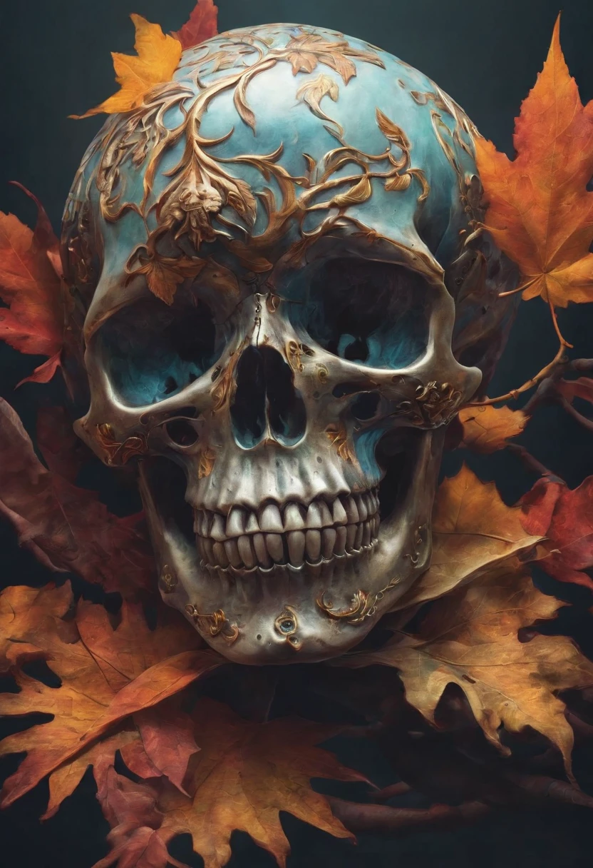 Art By Anne Geddes,a close up of a skull with a dagger in its head,autumn leaves,impacting skull,broken teeth,fantasy skull,spooky full color detailed art,4k scary full color art,holy skull,psychedelic background conjuration,detailed digital art, blood, sacred skulls, psychedelic illustration, textured skull, skull face, death skull, scary color art, , psychedelic art style
