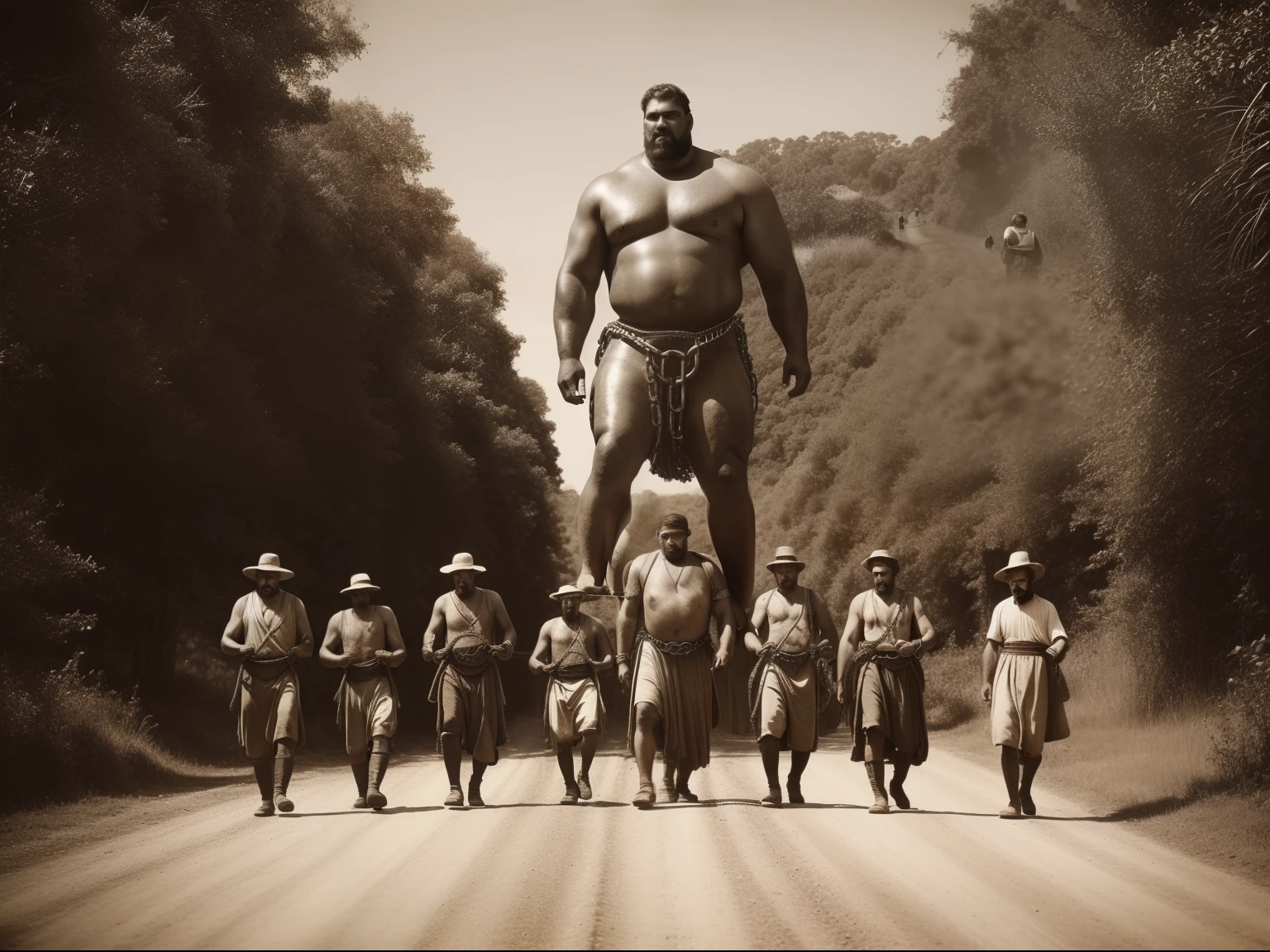 (Masterpiece) An ultrarealistic photography of a group of villagers walking down an old road holding a ((giant man in chains)), nomad, vintage sepia photography, very old and torned photo