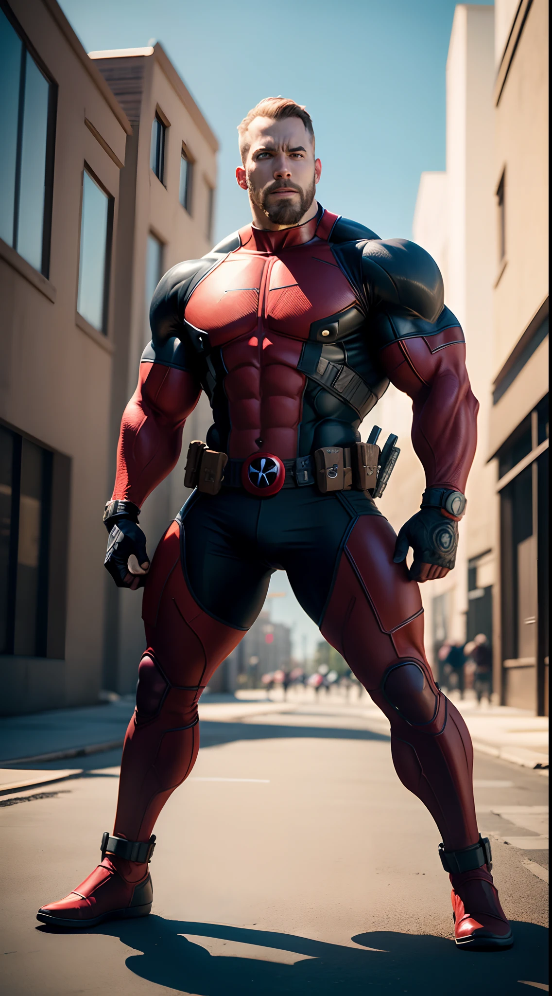 Tall giant muscular man, Super hero:black deadpool, Black and White Deadpool Pantyhose, White tights, character concept(Resident Evil - Chris Redfield, Mechanical leather armor, his muscles are big, Lightweight texture, small grid texture, regular symmetrical texture pattern, sad expression, Deep and charming eyes, emerald eyed hero, heroic male pose, tall burly, muscular!Charming leg muscles, High, burly, Heqiang, Super gain and cool, high resolution committee, Yellow-gray ultra-thin nano mechanical boots suitable for big feet, Charming strong man, The bright sunshine is shining on you, matte particles, shiny texture, shadow, chiaroscuro, divine light, best quality