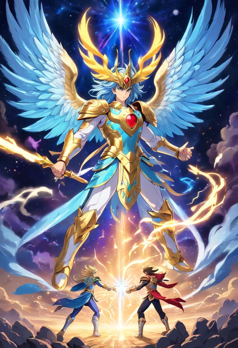 a mystical battle between Bronze Saints and Gods in Saint Seiya, dynamic fighting scenes, vibrant and detailed armors, majestic and intricate constellations, intense energy and power, glowing and ethereal cosmos, dramatic combat poses, incredible special effects, iconic gold Saint armors, breathtaking duels, celestial backdrops, ancient Greek mythology, mythical creatures, divine interventions, epic and heroic battles, breathtaking display of strength and determination, striking beauty and elegance, definitive clash between good and evil, personal growth and self-discovery, profound bonds of friendship and loyalty, overwhelming cosmic forces, mesmerizing and intricate fight choreography, unparalleled courage and bravery, breathtaking and awe-inspiring scenes, intense emotions and sacrifices, omnipresent aura of destiny, iconic Pegasus Meteor Fist, the power of the Zodiac, epic showdown with the Twelve Olympian Gods, a quest for the ultimate victory and to protect humanity, grandiose and awe-inspiring art style (best quality, highres, photorealistic), magnificent color palette with vibrant hues, enchanting and mystical lightning effects.