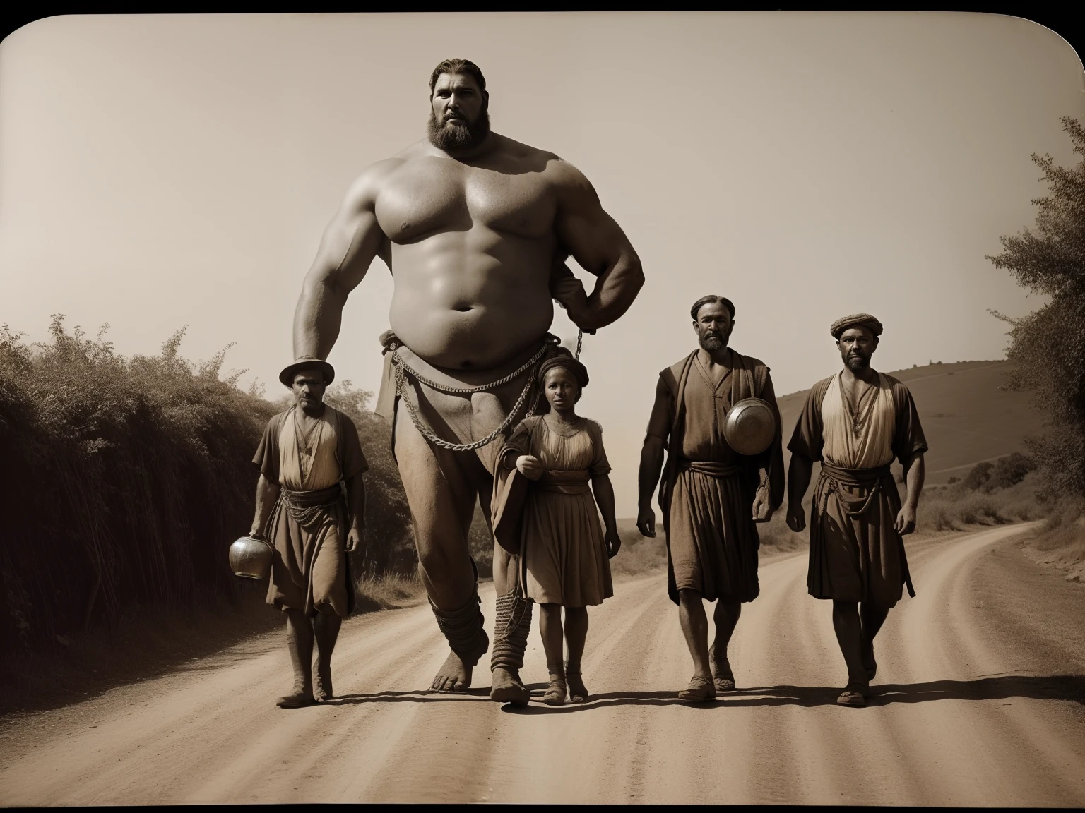 (Masterpiece) An ultrarealistic photography of a group of villagers walking down an old road holding a ((giant man in chains)), nomad, vintage sepia photography, very old and torned photo