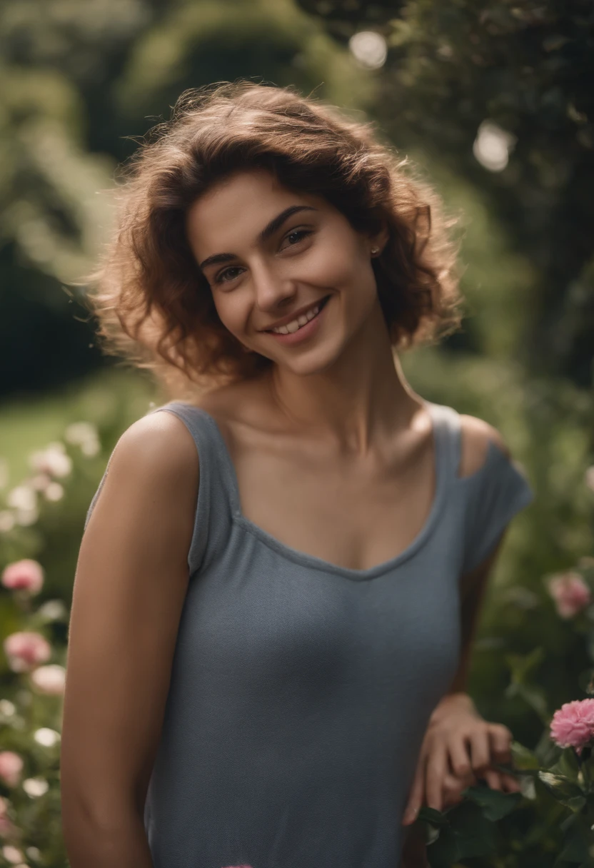 a selfie of a young 20 y.o. italian 1girl, smiling, nude flat chest, small pink nipples, in a garden, showing pubic hair, hairy pussy