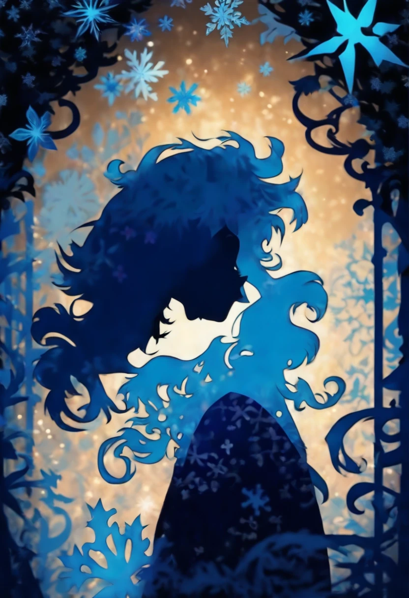 (Silhouette Art,cutouts:1.6) (((Paper cutting art,A world where only black exists:1.3) ((Background only))、white, BREAK (Light blue snowflakes) Textured glass background,Arcana World