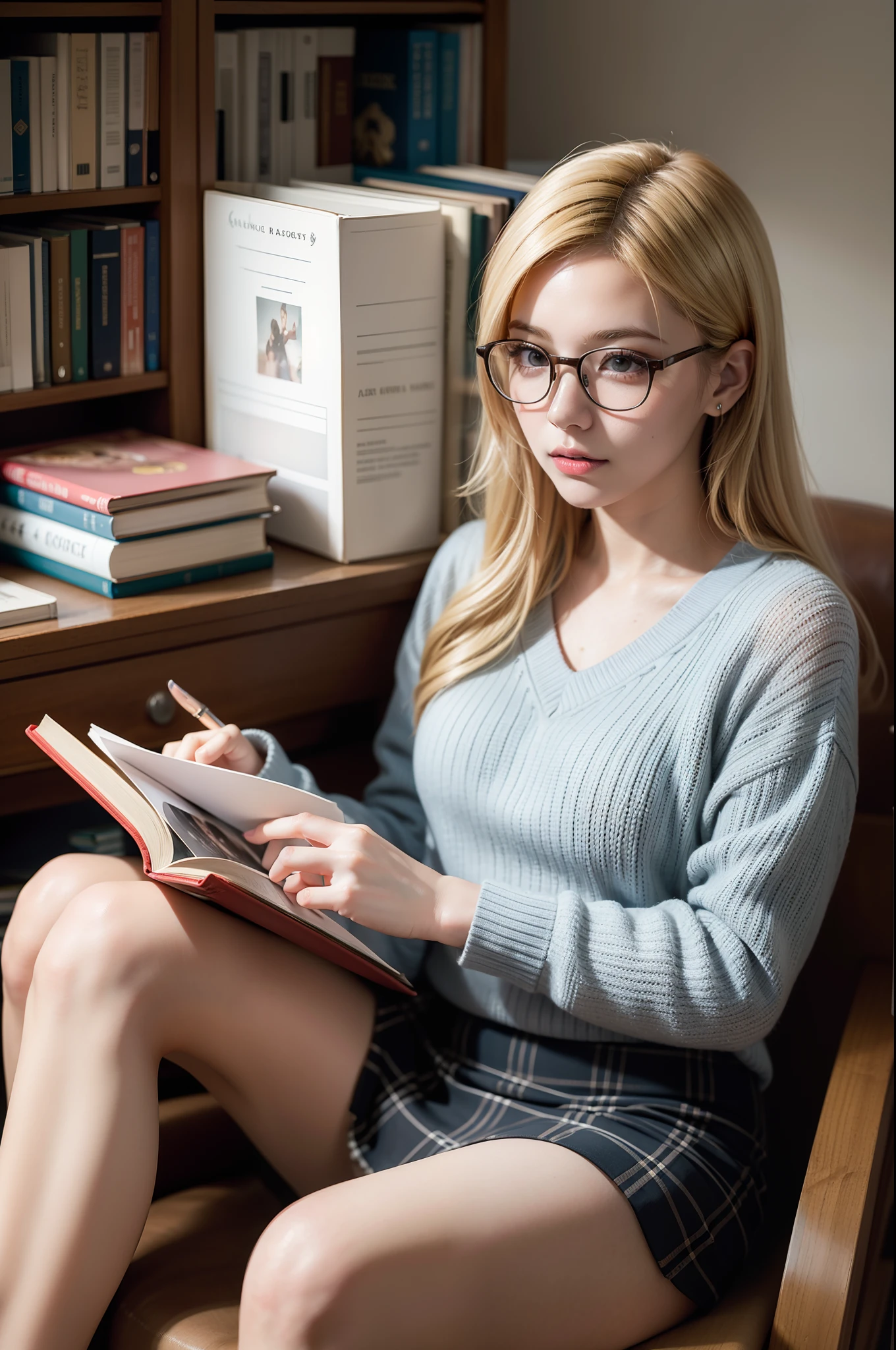 (best quality,ultra-detailed),a girl reading a textbook,beautiful detailed eyes,beautiful detailed lips,longeyelashes,studying,a quiet library,soft natural lighting,bookshelves filled with books,curled up on a cozy armchair,reading glasses,concentrated expression,flowing blonde hair,plaid skirt and sweater,high-res image,vivid colors,ultra-realistic,bokeh.