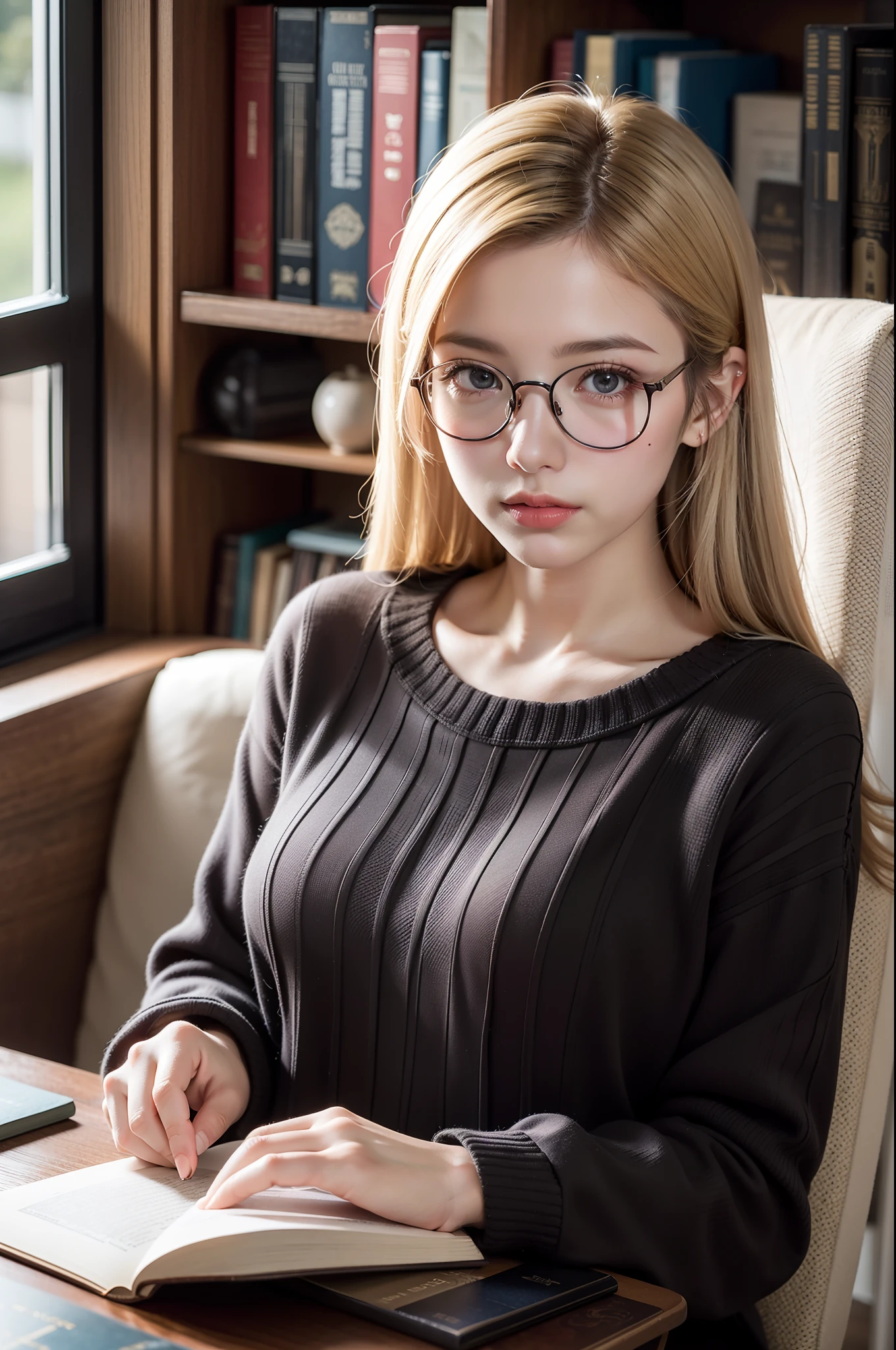 (best quality,ultra-detailed),a girl reading a textbook,beautiful detailed eyes,beautiful detailed lips,longeyelashes,studying,a quiet library,soft natural lighting,bookshelves filled with books,curled up on a cozy armchair,reading glasses,concentrated expression,flowing blonde hair,plaid skirt and sweater,high-res image,vivid colors,ultra-realistic,bokeh.