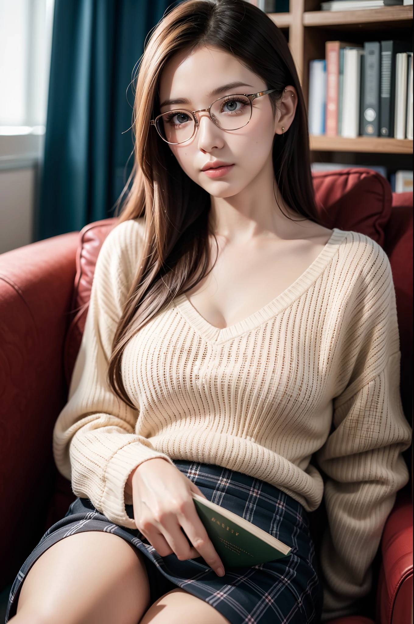 (best quality,ultra-detailed),a girl reading a textbook,beautiful detailed eyes,beautiful detailed lips,longeyelashes,studying,a quiet library,soft natural lighting,bookshelves filled with books,curled up on a cozy armchair,reading glasses,concentrated expression,flowing blonde hair,plaid skirt and sweater,high-res image,vivid colors,ultra-realistic,bokeh.