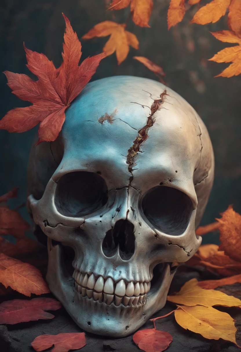 Art By Anne Geddes,a close up of a skull with a dagger in its head,autumn leaves,impacting skull,broken teeth,fantasy skull,spooky full color detailed art,4k scary full color art,holy skull,psychedelic background conjuration,detailed digital art, blood, sacred skulls, psychedelic illustration, textured skull, skull face, death skull, scary color art, , psychedelic art style