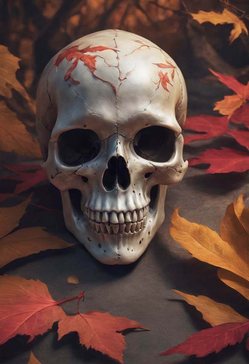 a close up of a skull with a dagger in its head,autumn leaves,impacting skull,broken teeth,fantasy skull,spooky full color detailed art,4k scary full color art,holy skull,psychedelic background conjuration,detailed digital art, blood, sacred skulls, psychedelic illustration, textured skull, skull face, death skull, scary color art, , psychedelic art style