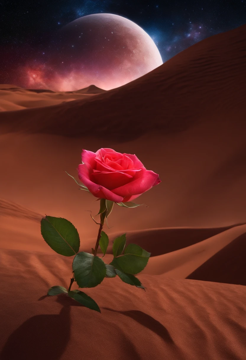 1rose, mars desert, galaxy background, realistic