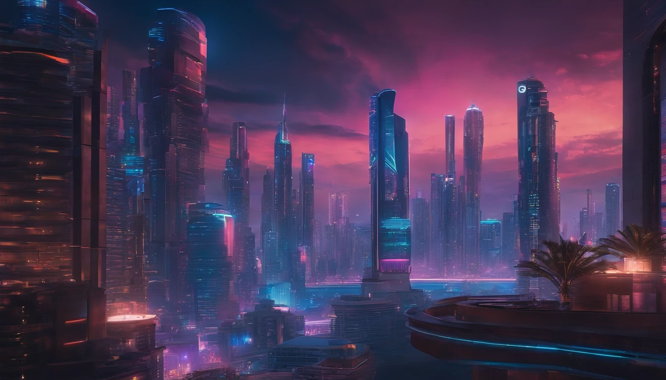 (obra prima) cidade no estilo cyberpunk, illuminated sky, neon light, imagem vista do zero, paisagem ampla, cidade futurista