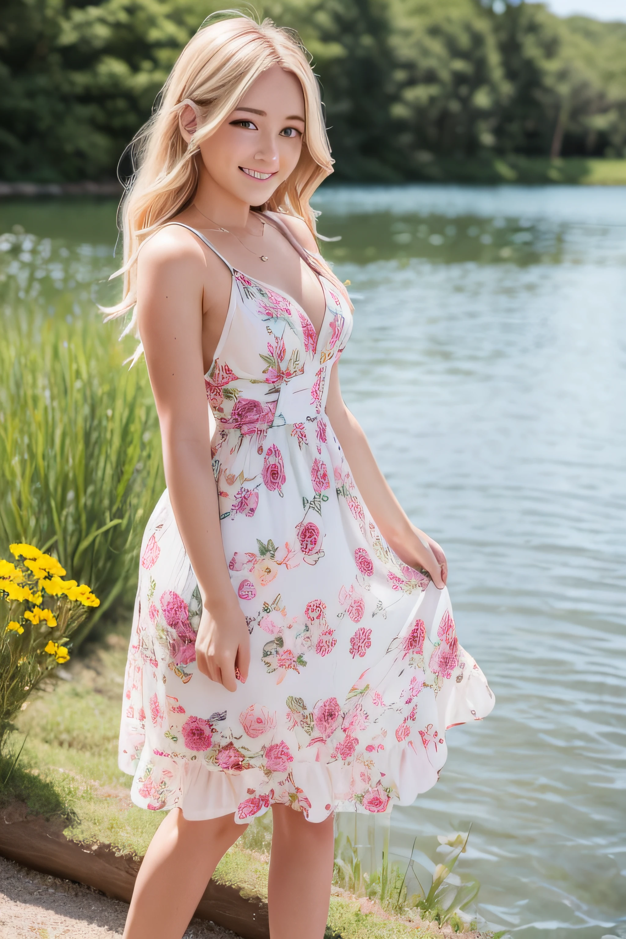arafed woman in flower summer dress standing next to a lake, dressed in a flower summer dress, beautiful blonde girl, mikayla demaiter,wearing tight dress, slight cute smile, wearing a cute dress, cute seductive smile, good young girl, blonde goddess, tight dress, clothed in flower dress, beautiful and smiling, young and cute girl