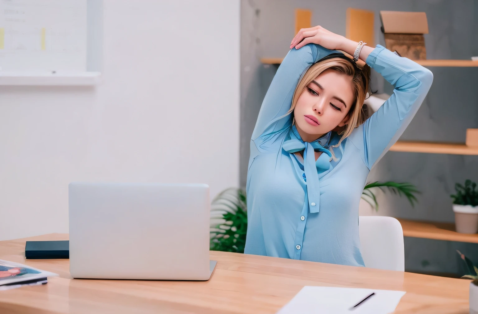 Blonde woman sitting at a table with her hands on her head, Relaxed posture, sentado em uma mesa, sentado em uma mesa, relaxed pose, sitting at desk, sentado em frente ao computador, Relaxed. fundo azul, curvar-se sobre a postura, an artistic pose, sentado no cargo, confident relaxed pose, sentado em uma mesa de computador, sentado em um computador
