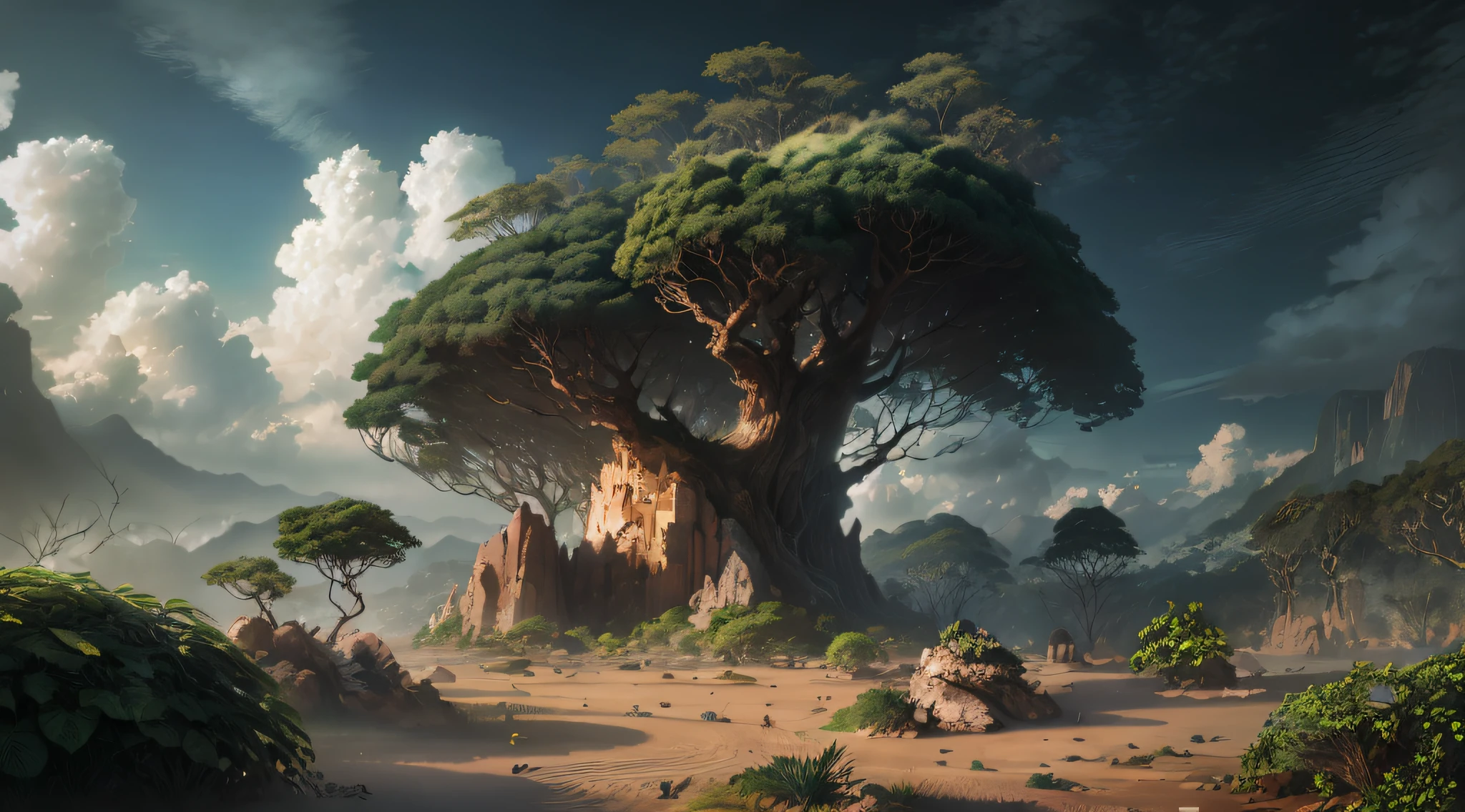 Paisagem linda com arvores gigantes, Roots for Exhibitions, Videiras, plantas coloridas, palmeiras, coqueiros, rochas gigantes, Cachoeiras, rio com pedras enormes, Cabana de pesca, sky with dense clouds, piso, profundidade de campo, global ilumination, realista,