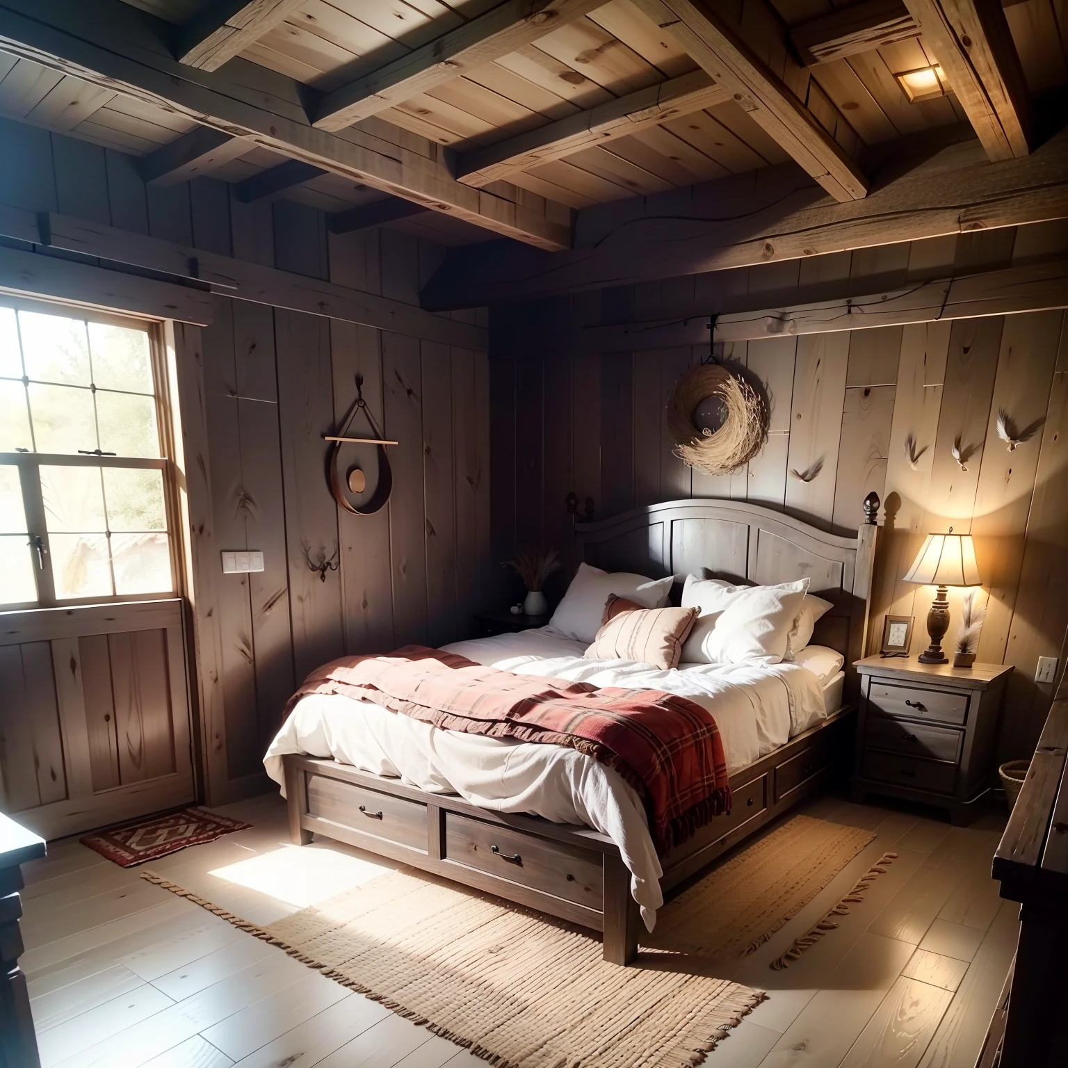 Rustic bedroom in a plank house, wicker straw bed with soft feather bed, rustic decoration