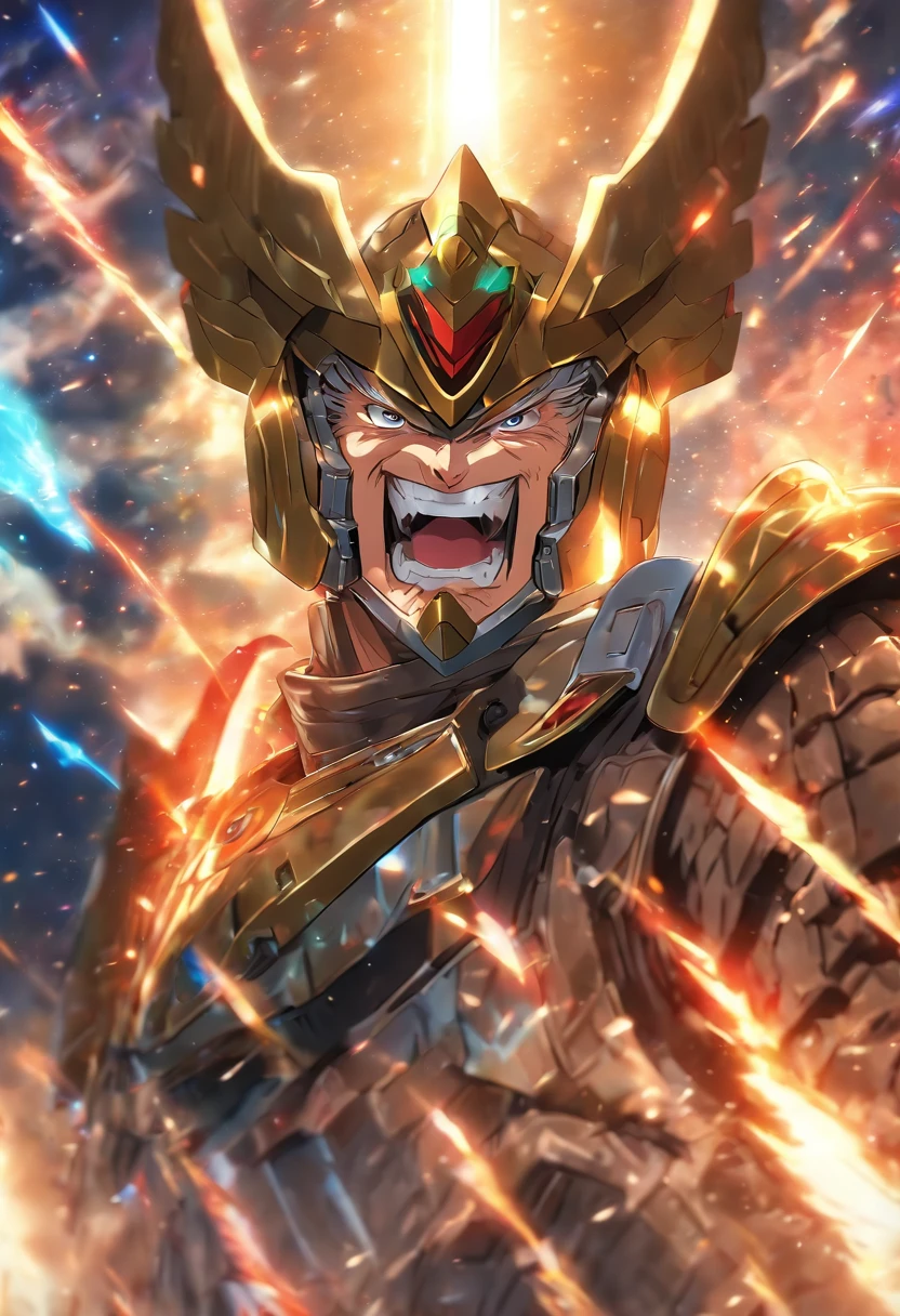 Absurd resolution, high resolution, (Masterpiece: 1.4), hyper-detailing, Middle-aged man in military armor, Scientific Observatory background, Screen walls, etc, Open your mouth excitedly, Upper body photo