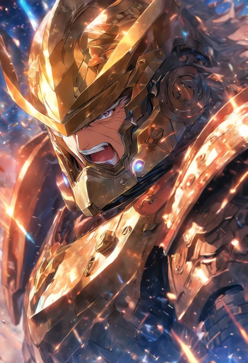 Absurd resolution, high resolution, (Masterpiece: 1.4), hyper-detailing, Middle-aged man in military armor, Scientific Observatory background, Screen walls, etc, Open your mouth excitedly, Upper body photo