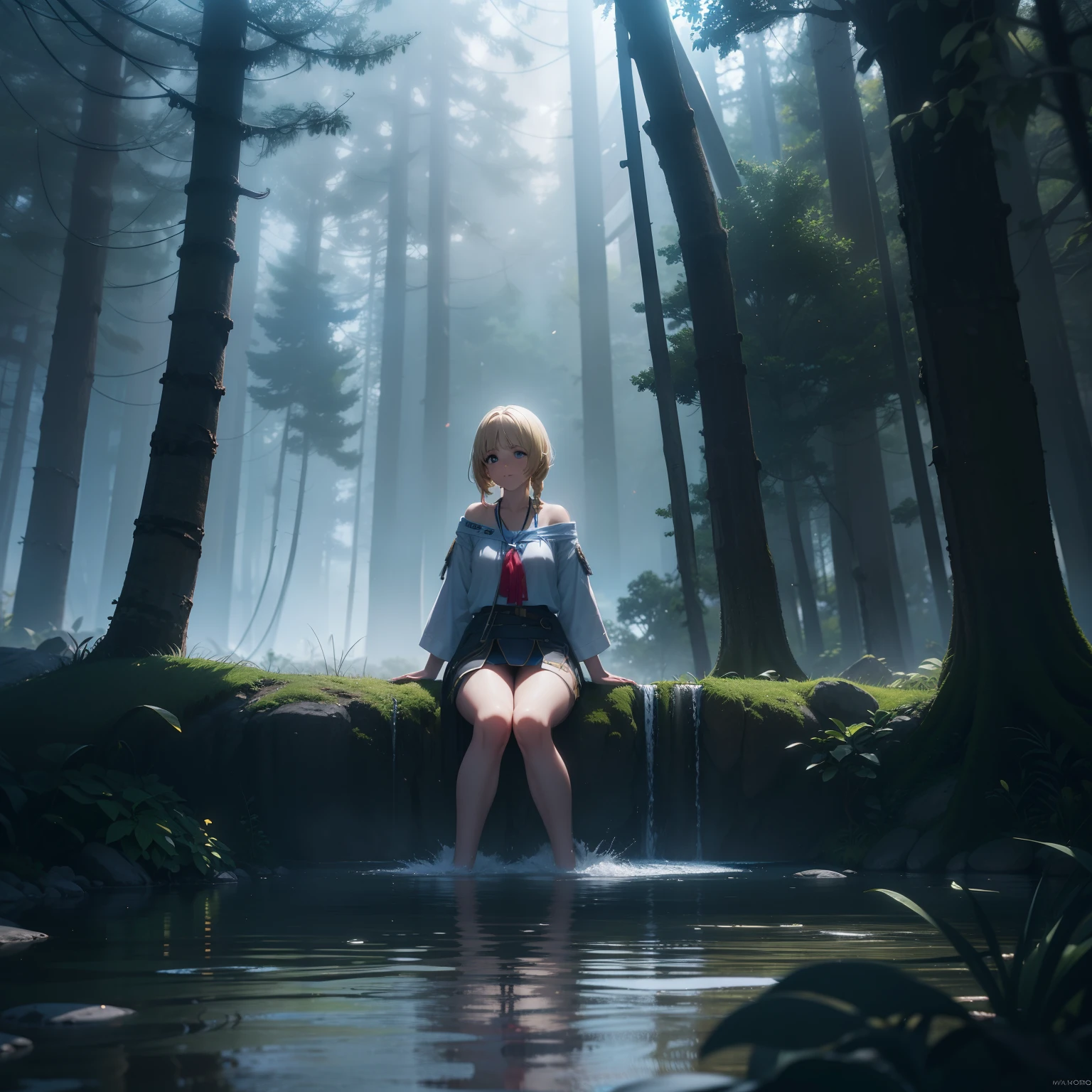 maozonia indigenous girl, 20 years old, bathing in a river, in the middle of the forest, a jaguar watching from afar, sad, Clockpunk, Gamercore, street level view, Blender rendering, 100mm, Sculpture, iridescent colors, Medicalcore, strobe lighting, ultra realistic,, octane render, unreal engine, hyper detailed, volumetric lighting, hdr, octane render, fantasy 4k 8K, blond_hair, blue_eyes