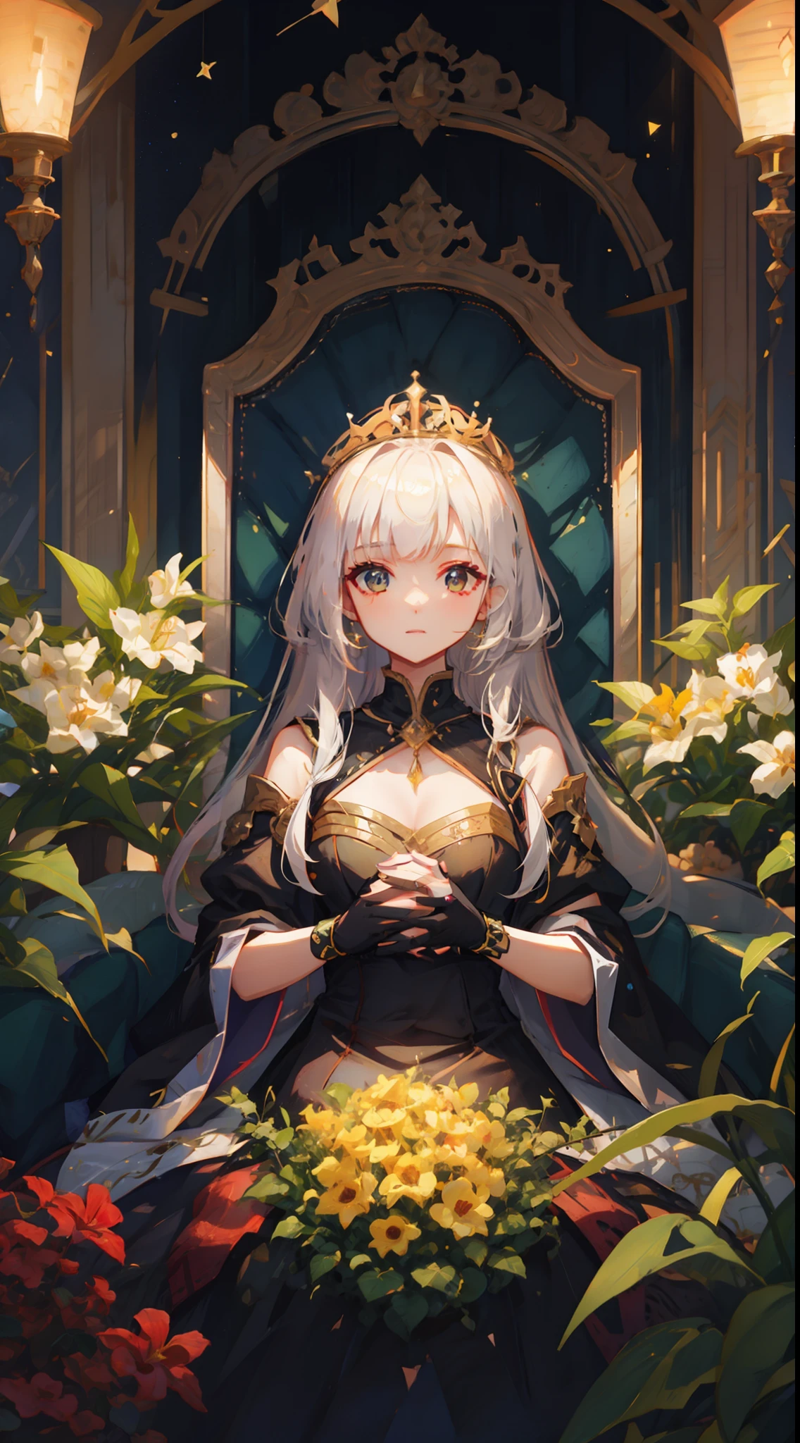 1 girl, upper body, single focus, nurturing beauty, regal attire, maternal gaze, (lush garden: 1.4), (abundant harvest: 1.3), earthy features, maternal aura, [depth of field, ambient lighting, garden of plenty foreground, fertile realm in the background], The Empress, abundance, maternal nurturing, (crowned with stars), (throne of nature: 1.2), intricate details, enhanced lighting.