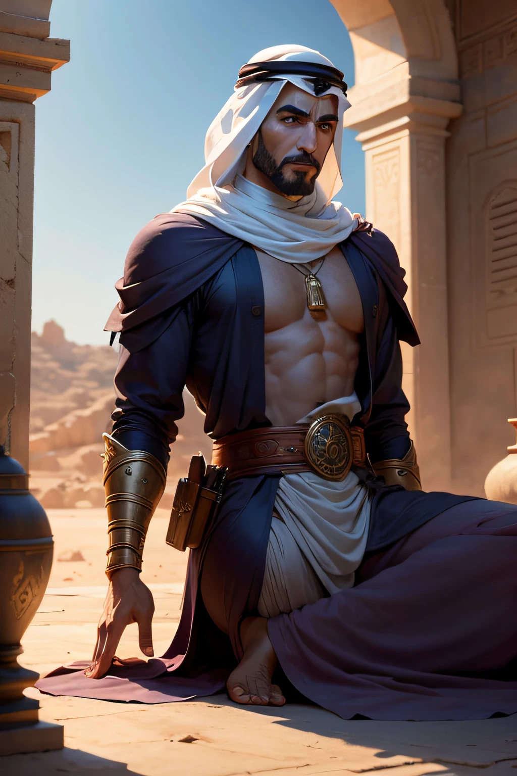Oxaguian. Warrior Black man, African, afro hair, mature, beautiful, upper body, natural skin texture, 24mm, 4k textures, white turban, white clothing, blue and white beaded necklace, african sword, soft cinematic light, RAW photo, photorealism, photorealistic, intricate, elegant, highly detailed, sharp focus, ((((((cinematic look)))), soft tones, insane details, intricate details, hyperdetailed, low contrast, soft cinematic light, dark colors, exposure mix, HDR, faded --auto --s2