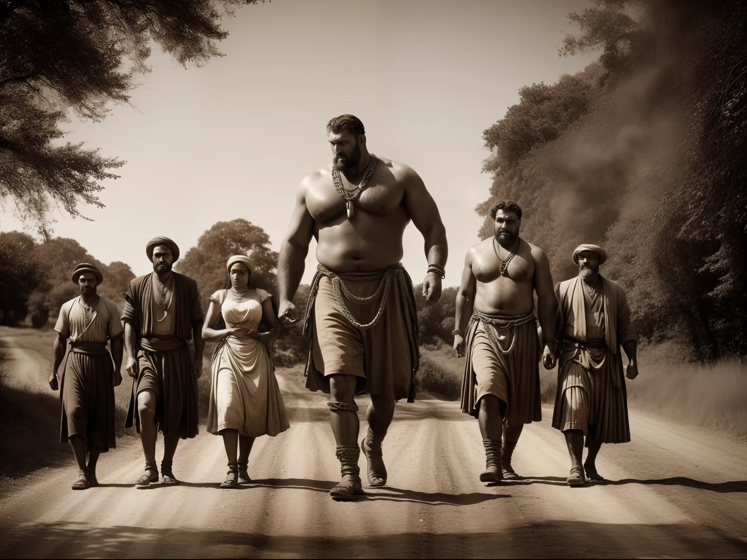 (Masterpiece) An ultrarealistic photography of a group of villagers walking down an old road holding a ((giant man in chains)), nomad, vintage sepia photography, very old and torned photo