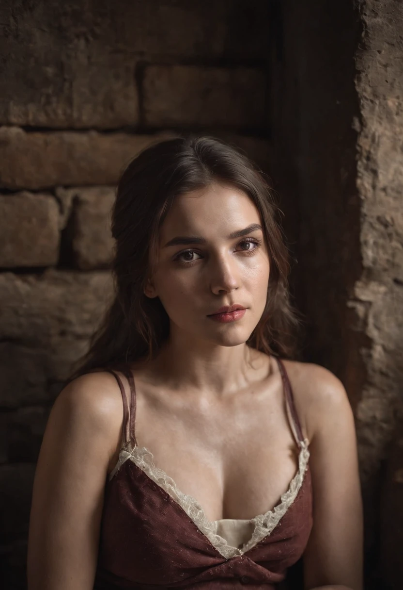 Girl sitting in a dungeon, torn peasant clothing, very large cleavage, defined abs, bruised, bleeding, sad, Metal shackle around neck, RAW photo, dslr, soft lighting, high quality, film grain, Fujifilm XT