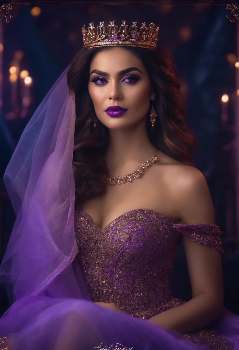 A breathtaking princess with mesmerizing purple eyes, adorned in a gown of iridescent silk.