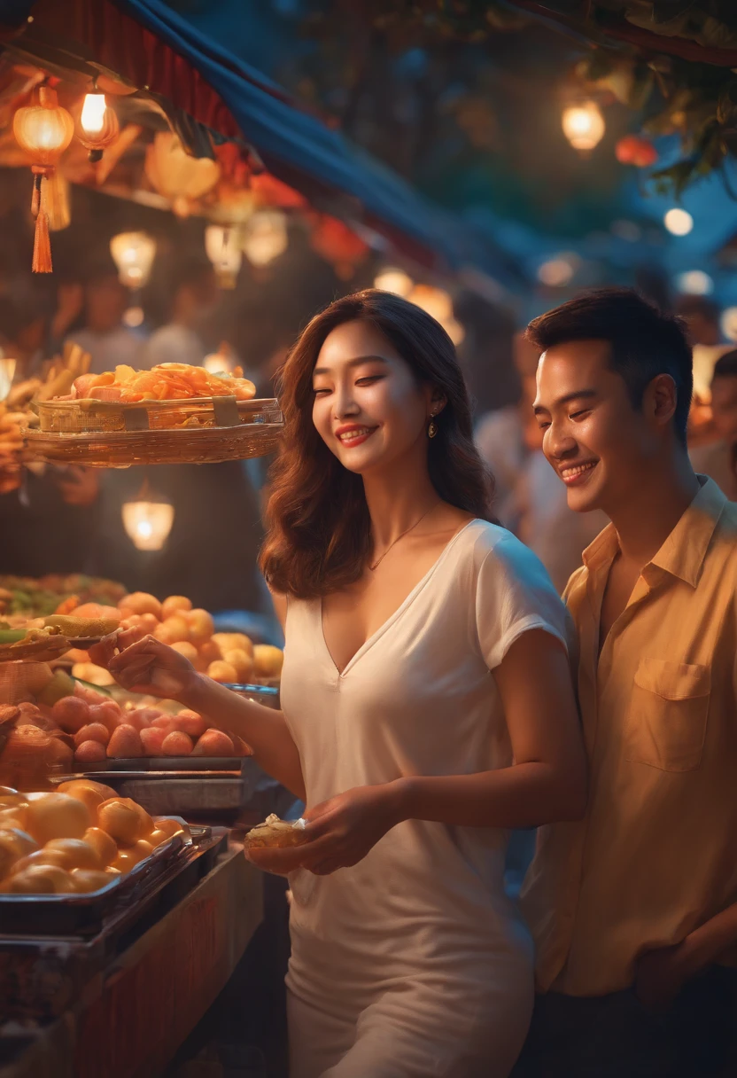 Lively Night Market. The woman is dressed in casual clothes, They have very large breasts and décolleté, Carrying snacks, and his face is full of joy and contentment.