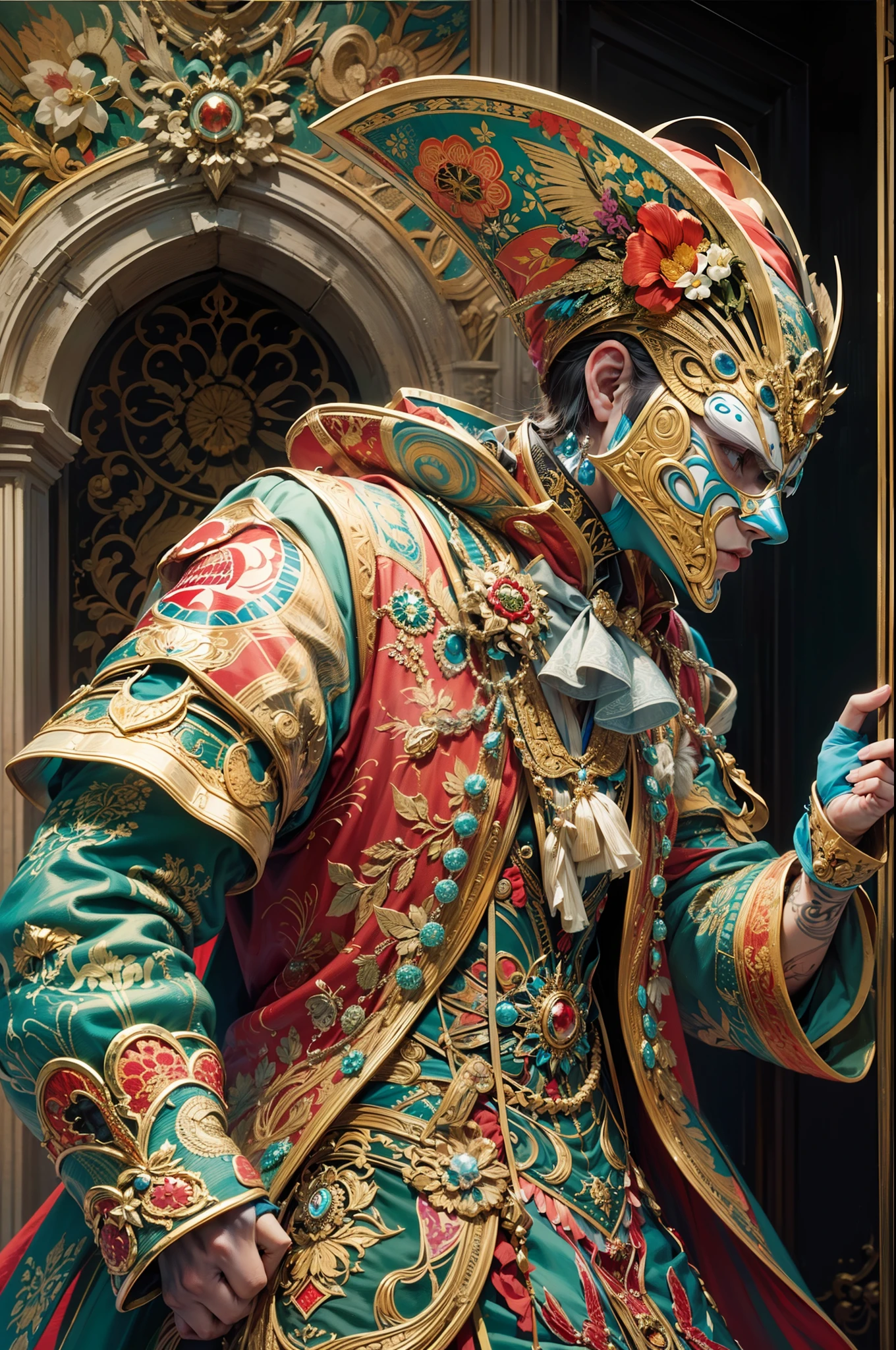 (Masterpiece, Best Quality, Hyperdetailed, Colorful), Generate an alluring image of a charismatic male character reveling in the splendor of the Venice Carnival. He wears an elaborate and vividly colorful costume that pays homage to the carnival's rich history. His attire is adorned with intricate patterns and textures, capturing the essence of Venetian masquerade fashion. At the center of it all, he sports the iconic bauta mask with a striking white base and a prominent, pointed nose. The character's presence embodies the timeless allure of the Venetian festivities. Intricate details, high_res