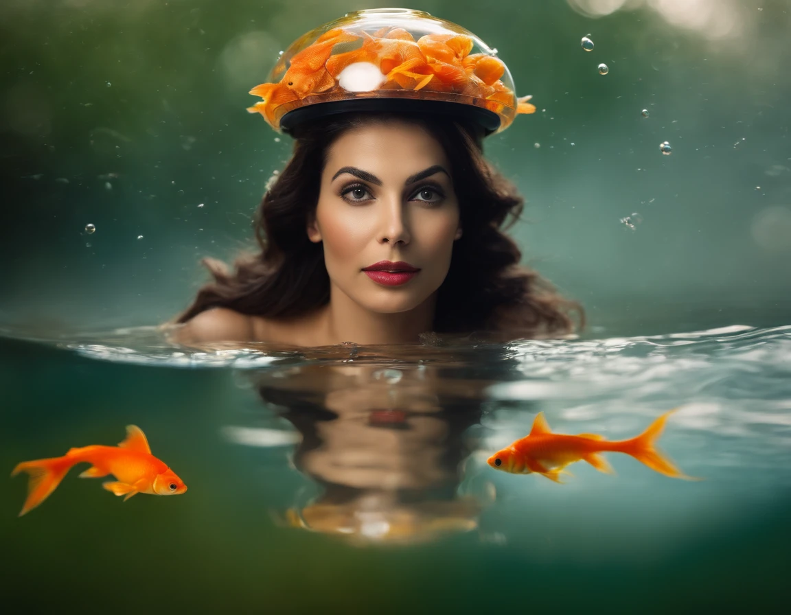 (Adult Spanish woman:1.6), (with a round aquarium on his head full of water and goldfish:1.3) (polyvinyl Jacket With Rivets:1.3), best quality, sunlight, detailed face, gorgeous eyes, realistic skin details, high quality, seen from below, romantic, high quality, film grain, Cinematic Light, sidelighting, sharp focus