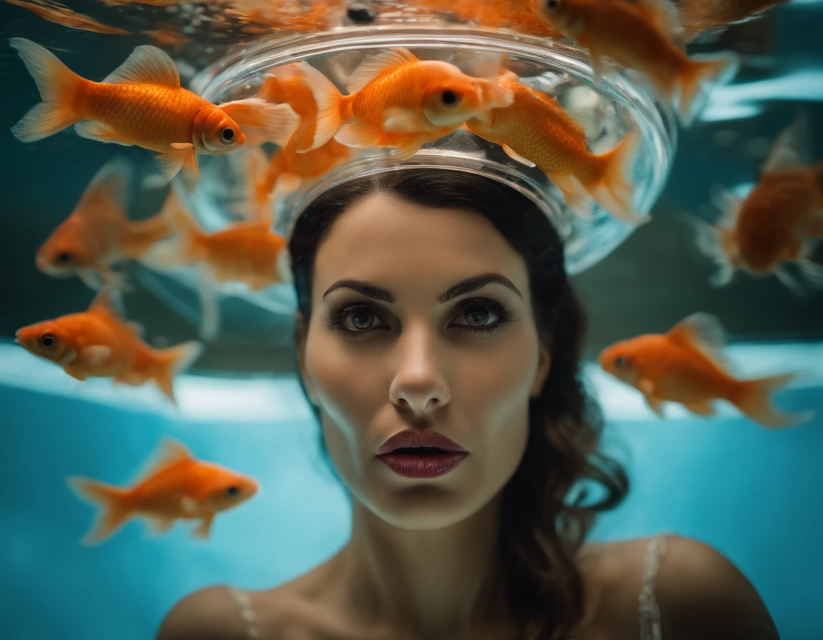 (Adult Spanish woman:1.6), (with a round aquarium on his head full of water and goldfish:1.3) (polyvinyl Jacket With Rivets:1.3), best quality, sunlight, detailed face, gorgeous eyes, realistic skin details, high quality, seen from below, romantic, high quality, film grain, Cinematic Light, sidelighting, sharp focus