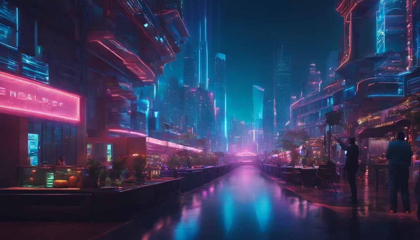(obra prima) cidade no estilo cyberpunk, illuminated sky, neon light, imagem vista do zero, paisagem ampla, cidade futurista