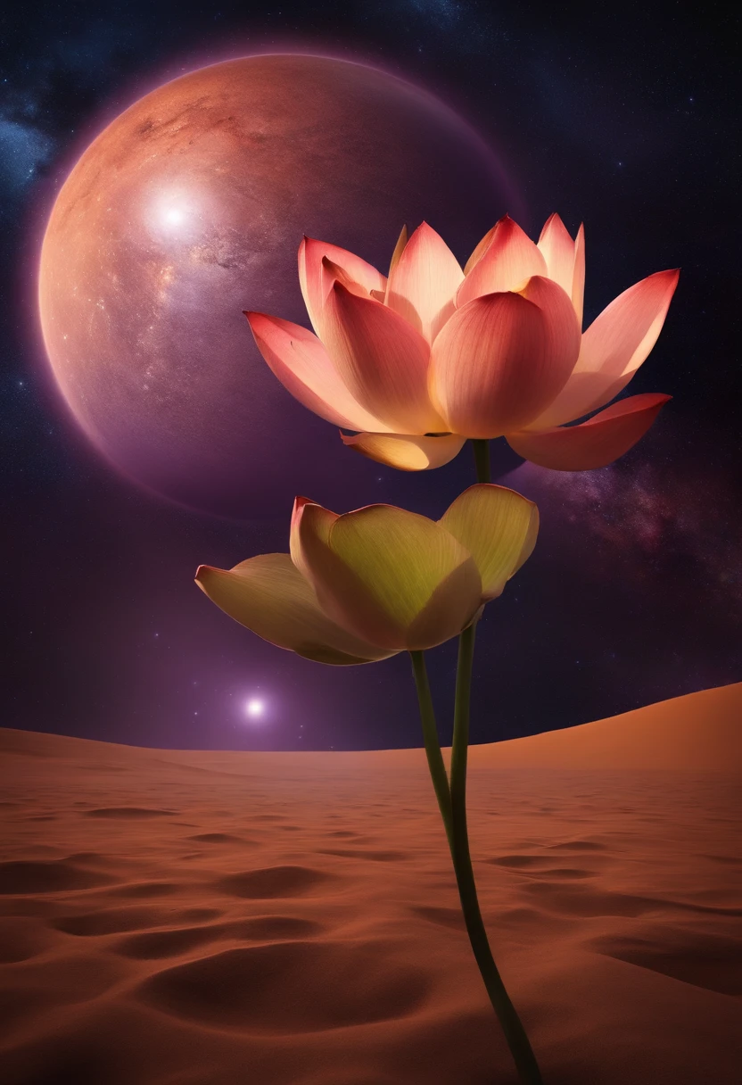 1lotus lila colored dusty, mars desert, galaxy background, realistic