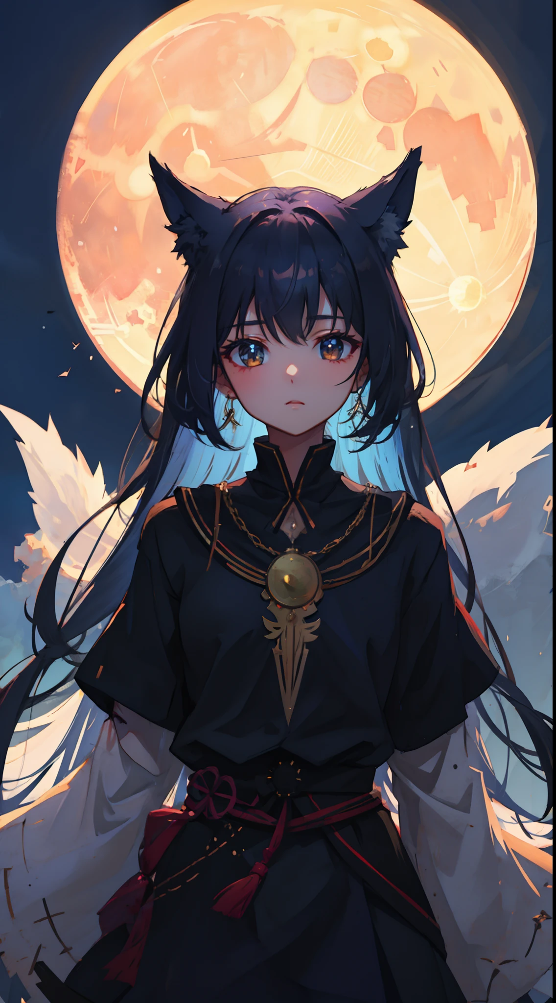 1 girl, upper body, single focus, mystical beauty, lunar attire, dreamy gaze, (moonlit night: 1.4), (subconscious mysteries: 1.3), lunar features, mystical aura, [depth of field, ambient lighting, moonlit landscape foreground, dreamy moon in the background], The Moon, illusions, subconscious exploration, (howling wolves), (crimson towers: 1.2), intricate details, enhanced lighting.
